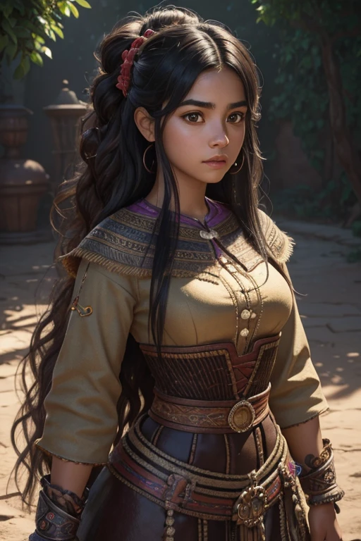 (Pixar style) A waist-high portrait of a Mexican girl with long hair, natural skin texture, 4K textures, HDR, intricate, highly detailed, sharp focus, hyper-detailed