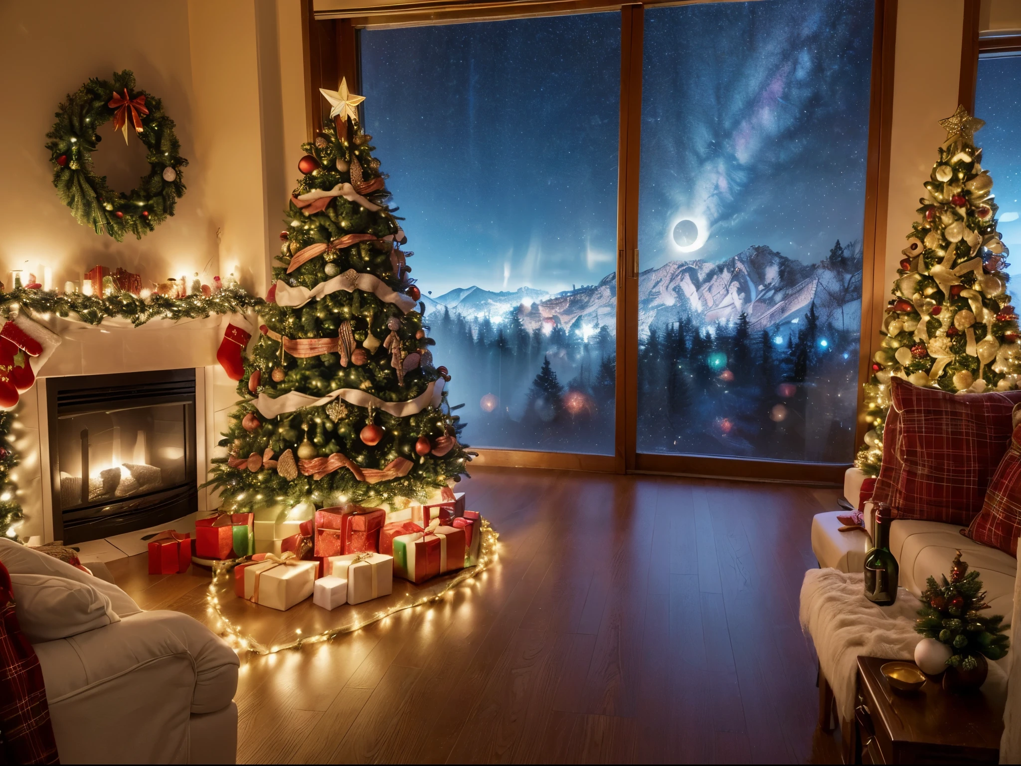 (Masterpiece: 1.2), (Long shot: 1.8), Vibrant colors, magical atmosphere, whimsical, ((starry sky with North Star shining)), (European style interior house, Christmas decorations, fireplace with residual warmth , colored lights hanging on the stairs, gifts wrapped in colorful  under the Christmas tree, pile of gifts on the floor, wooden floor, decorated pine tree, parquet floor, mantel, red and green, Christmas atmosphere, traditional Christmas, Festive atmosphere, Merry Christmas, gift tags, Christmas wreaths, decorations, tinsel ribbons, Christmas tree lights, candies, gingerbread men, lights), (The room is decorated in a strong Christmas atmosphere. A string of shining ones hangs on the wall Colored lights, a Christmas wreath and a small snowman are placed on the windowsill, and a beautifully decorated Christmas tree stands in the corner of the room. (On the table, there are exquisite tableware and red plates. In the center of the table, there is a rich Christmas feast , next to a bottle of red wine and two exquisite wine glasses, bringing warmth and comfort to the entire room). (First Person View, Ultra HD, Masterpiece, Accurate, Anatomically Correct, Textured Skin, Super Detailed, High Detailed, High Quality, Award-Winning, Best Quality, 8K), Surreal, Psychedelic, Intricate Details, Textured, Ethereal, Dream-like, Soft Glowing Light, Mesmerizing Patterns, Fantasy Creatures, Hidden surprises, dreamlike landscapes, surreal color palette, mystical aura, surreal, enchanting journey, psychedelic trip, vivid imagination, immersive experience, mysterious creatures, otherworldly charm, glowing path, illuminated Magical Christmas, surreal sky, whimsical Christmas-themed room, a magical encounter, enchanting artwork, (super high saturation, vivid and bright: 1.8)