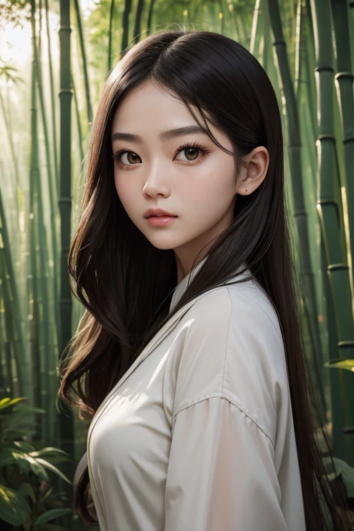 masterpiece, best quality, soft lighting, absurdres, 1girl, solo focus, skin imperfection, skindentation, perfect face, puffy face, beautiful face, big eyes, puffy eyes, perfect eyes, eyelashes, Hu Tao (genshin impact) from genshin impact, outdoor, bamboo forest, 8k, UHD, HDR, (Masterpiece:1. 5), (best quality:1. 5)