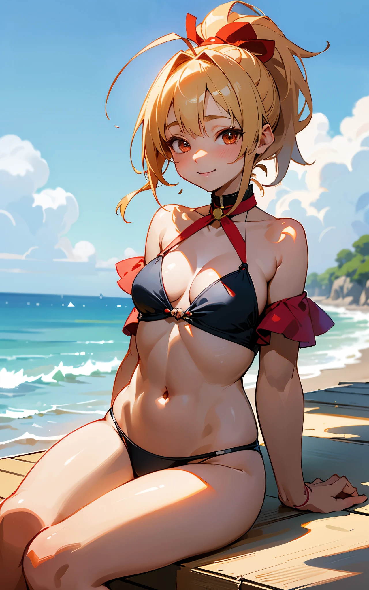 (Original Character、Unity 16K Wallpaper、masutepiece、Best Quality、Ultra-Detailed、Extremely Detailed CG、Caustics、Cinematic lighting、Detailed、Beautiful Detailed Eyes、NSFW:1.8、Solo、Oily skin、cleavage、18year old)、Blonde ponytail、Red ribbons、Ahoge、big round red eyes、small tits、A slight smil、Laugh、Ultra High Resolution、Fine skin、(Cute: 1.2, off-shoulder bikini:)、(strong lights)、Separate swimwear:1.8、Outdoors、seaside、鎖骨、arms behind back:1.2、((thick outline、Brighten the subject with black outlines))、 Active、Blue sky、Sitting