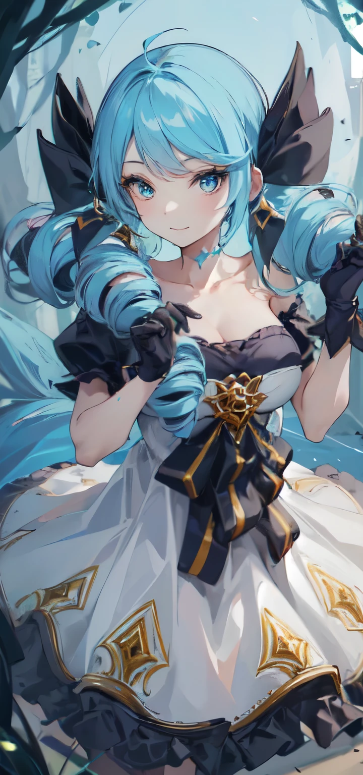 ((masterpiece, best quality)), High resolution, distinct image, (1girl), (solo), (female Focus), light smile, dynamic Pose , (collarbone), (frilled dress, frills, gloves), (white dress) (double drill blue hair 1.2), (light blue eyes), (eyelashes), (large breasts 1.4), holding giant spectral scissor, dark forest, oficial art,