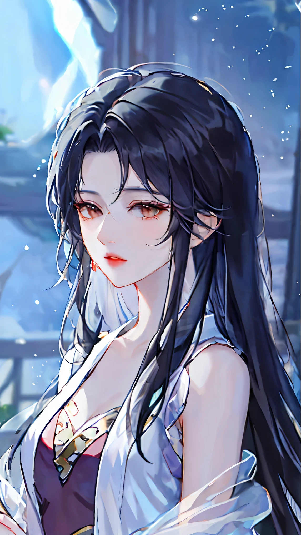 heroes'A masterpiece in the style of ancient Wei Zi,Close-up of a woman with black hair,Red dress,mistic,Antique rhyme,Exquisite epic character art,Presenting stunning aesthetics and antique atmosphere,The delicate brushstrokes and depth of field in the picture make you immersed in the scene,rays of moonlight,the night,Liu Yifei,