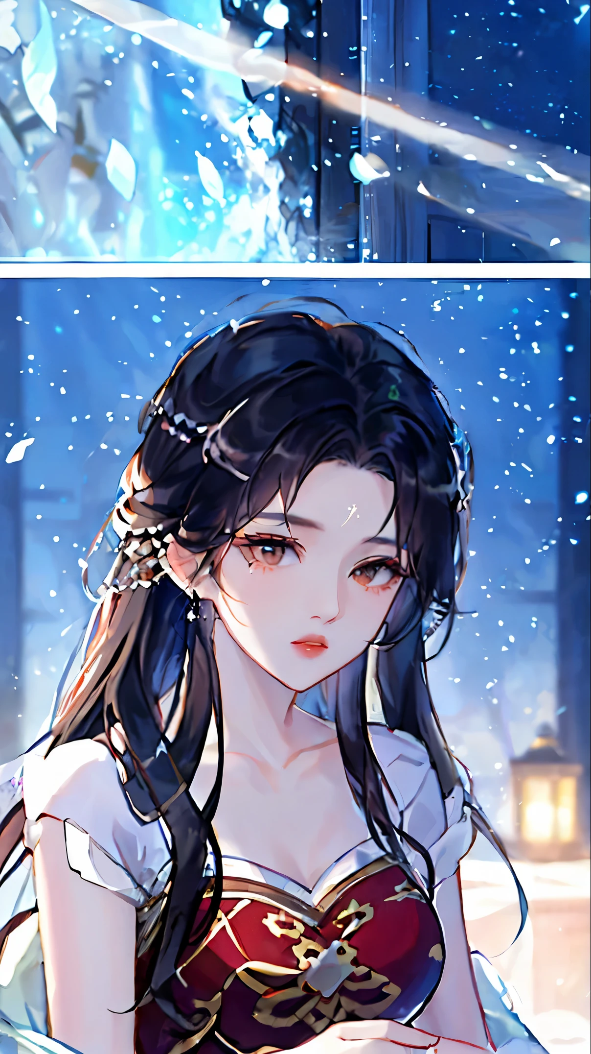 heroes'A masterpiece in the style of ancient Wei Zi,Close-up of a woman with black hair,Red dress,mistic,Antique rhyme,Exquisite epic character art,Presenting stunning aesthetics and antique atmosphere,The delicate brushstrokes and depth of field in the picture make you immersed in the scene,rays of moonlight,the night,Liu Yifei,