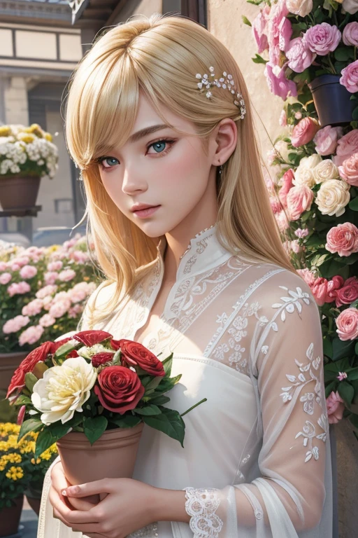 extremely delicate and beautiful, Amazing, finely detail, masterpiece, ultra-detailed, highres,best illustration, best shadow,intricate,sharp focus, high quality, 1male, solo, blond hair. red eyes, kaveh genshin impact, flowershop front, flowers in pots, flowers for sale