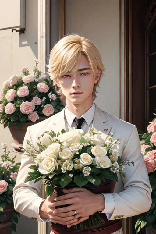 extremely delicate and beautiful, Amazing, finely detail, masterpiece, ultra-detailed, highres,best illustration, best shadow,intricate,sharp focus, high quality, 1male, solo, blond hair. red eyes, kaveh genshin impact, flowershop front, flowers in pots, flowers for sale