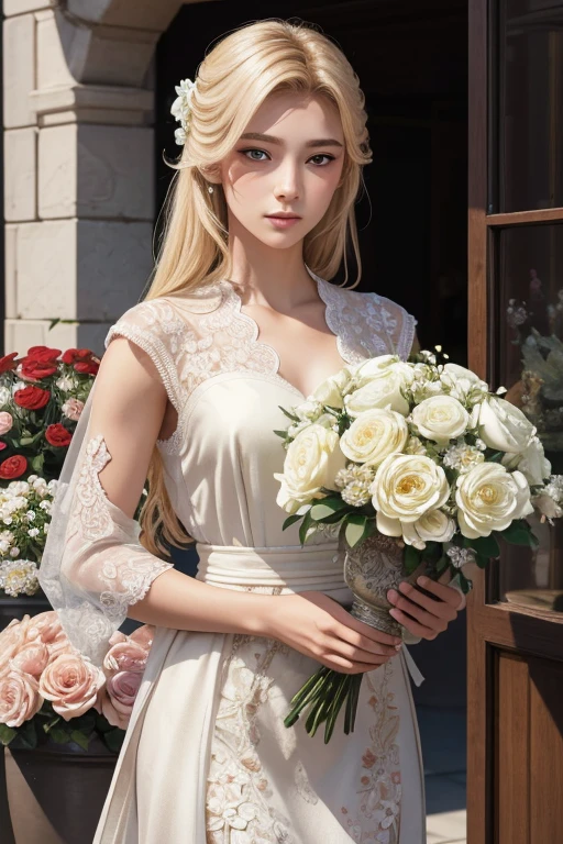 extremely delicate and beautiful, Amazing, finely detail, masterpiece, ultra-detailed, highres,best illustration, best shadow,intricate,sharp focus, high quality, 1male, solo, blond hair. red eyes, kaveh genshin impact, flowershop front, flowers in pots, flowers for sale