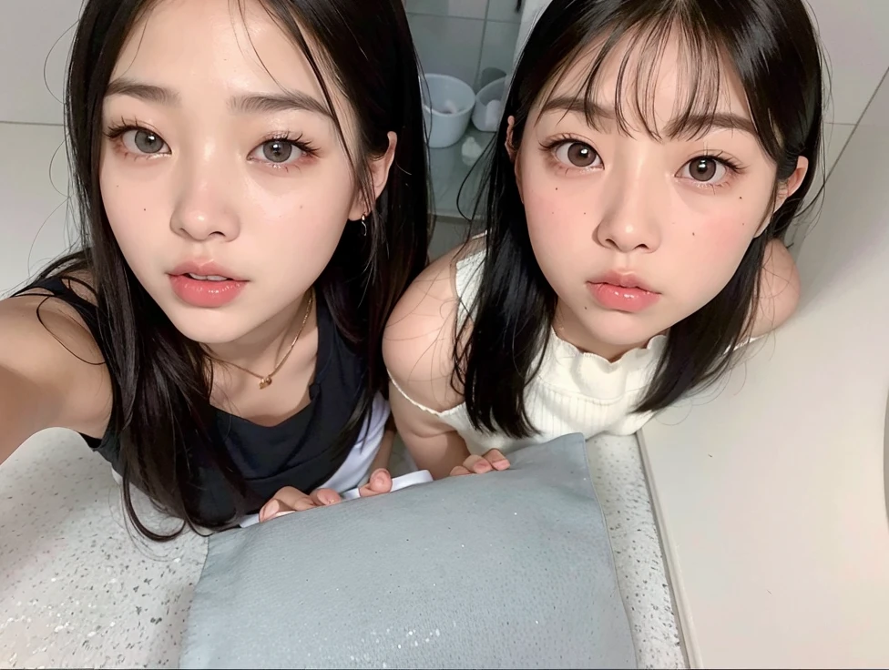 Two Asian women pose for a photo in a bathroom, ulzzang, con cara linda - fina -, Cara linda clara, Jinyoung Shin, con una gemela, con ojos grandes, Korean symmetrical face, Jaeyeon Nam, 8k selfie photograph, Caras preciosas, 2 ojos, con negro, Ojos lindos y amigables, dos chicas, Cutecore, Caras lindas