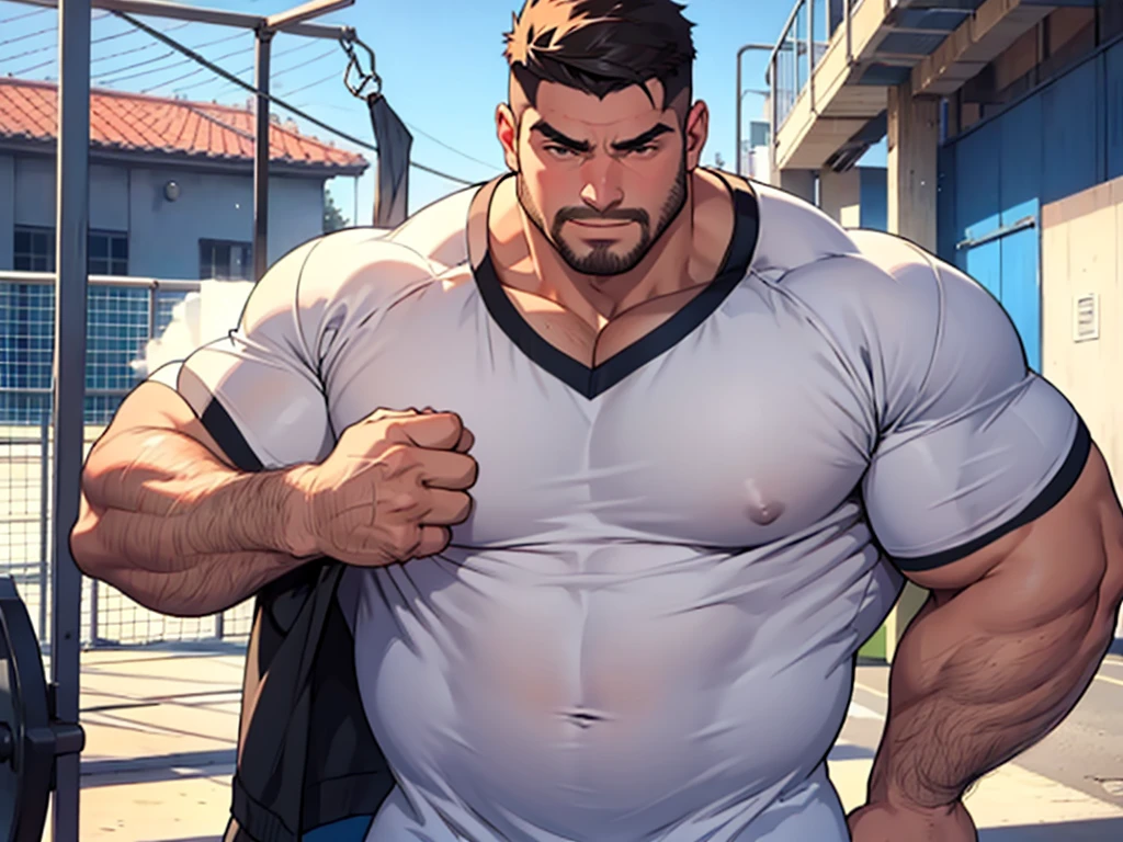 chubby gym teacher, A cool guy who is big and has cum coming out from under his clothes,Upper body naked