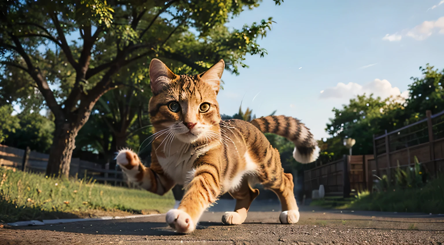 (bright, colorful, vibrant) cat, (smooth, shiny) fur, (curious, bright, expressive) eyes, (playful, energetic) pose and (graceful) movements, (soft, subtle) lighting, (realistic, lifelike) details, (whiskers, fluffy tail), (pouncing, jumping), (outdoor, nature) background, (rich, warm) color tones, (fine brushstrokes, detailed textures).