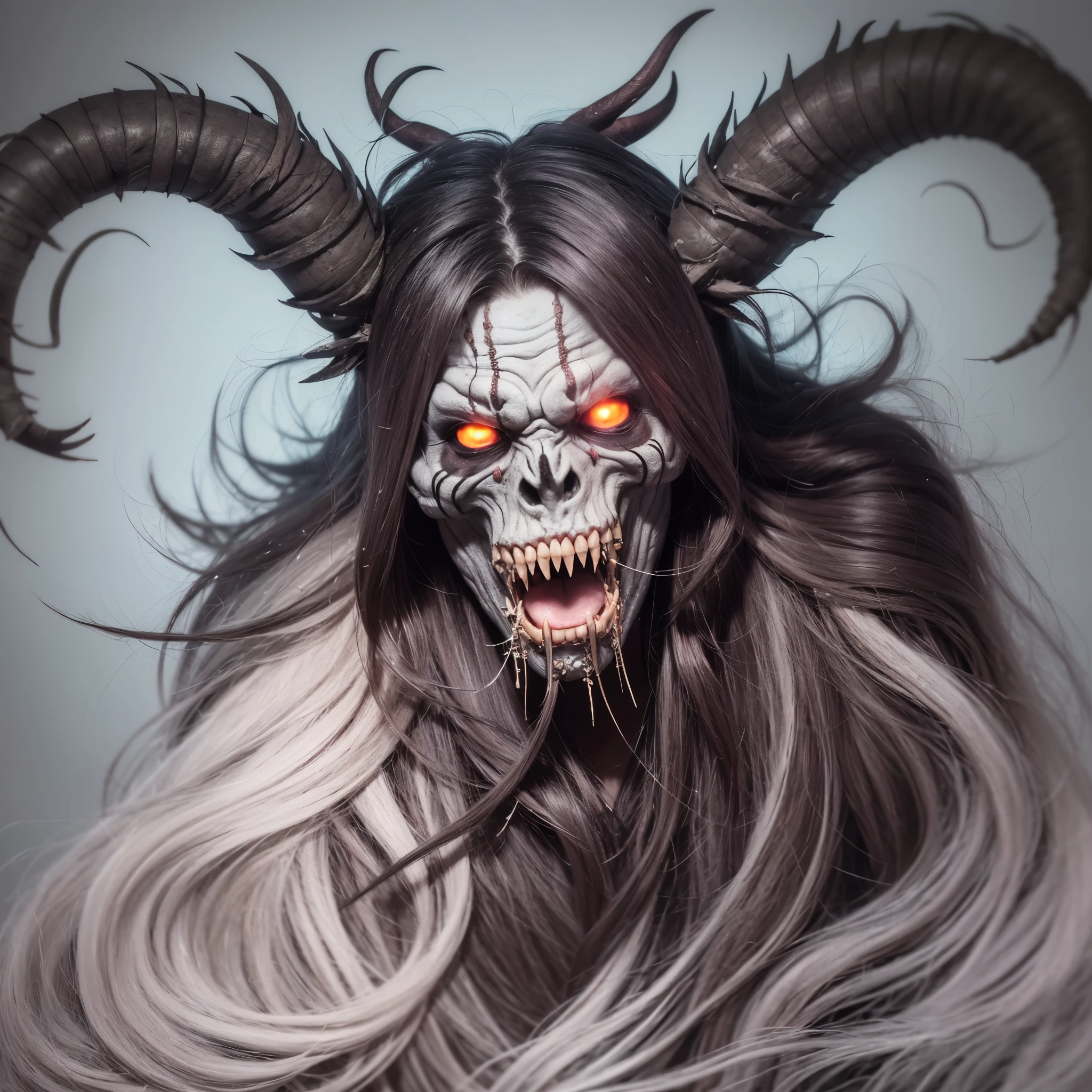 A ghastly Krampus with long, shaggy hair that swirls wildly around his terrifying face. His eyes glow a menacing red, while sharp teeth protrude from his terrifying mouth. Claw-like hands with sinister, curved claws give it a menacing presence. Its body is covered in thorny spikes and a sinister cloak of black mist envelops its eerie appearance. --auto --s2