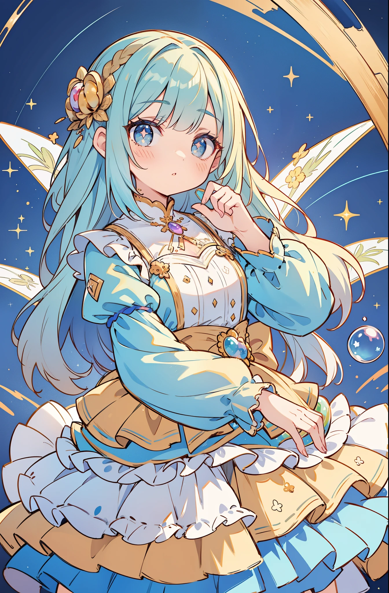 masterpiece, best quality, 8k resolution, sharp focus, intricate detail, beautiful girl, sparkling eyes, golden ratio face, otherworldly liquid, watercolor, cool colors, bright colors, whimsical, colorful, sharp focus, high resolution, fine detail, ((layered tiered puffy long sleeves ballgown)), ((round eyes)), iridescent bubbles, fantasia background