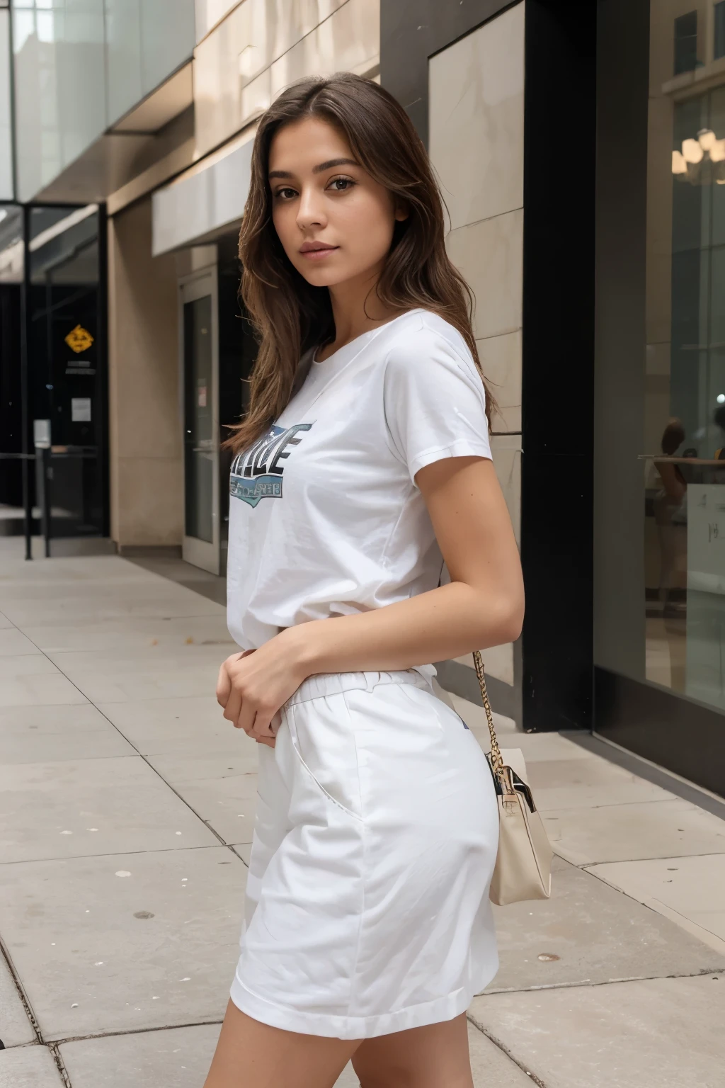une fille latino,dans le centre commercial CityCenterDC,America, Best quality, Masterpiece, super high res, Yeux blanc, cheveux longs, light makeup, minora,T-shirts basiques,Jupe midi,baskets blanches ,Beauty with a silhouette parfaite