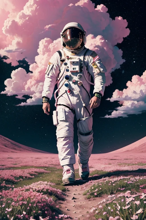 he astronaut walks in the sea of flowers dotted with pink clouds,The astronaut who is alone,The astronaut cannot leave this planet,The astronaut is lost in the boundless space.
