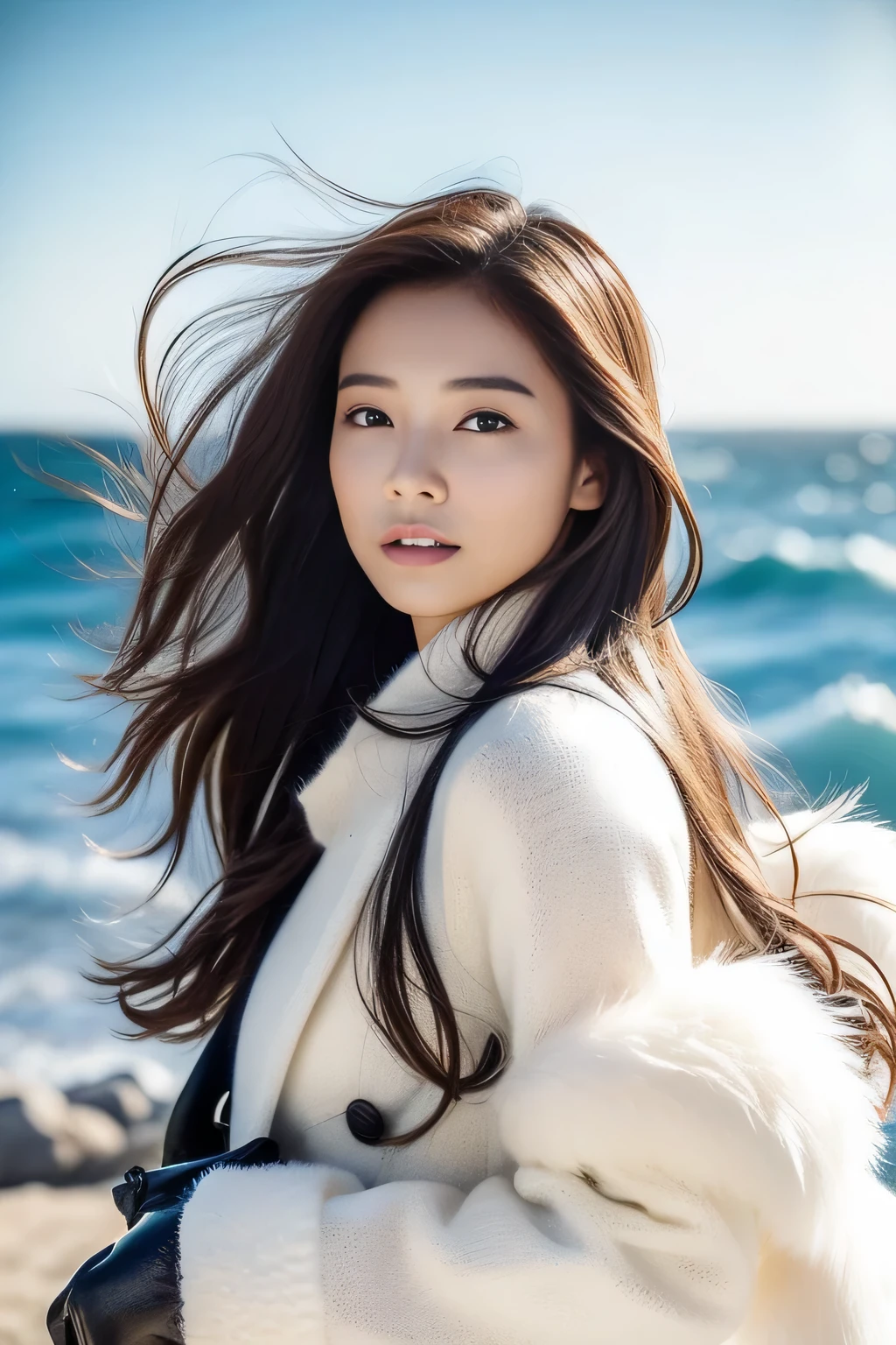(masterpiece、high-level image quality、hightquality)、Beautuful Women、Rough seas、Winters、snowflakes falling、kou、fur-coat、Sweaters、gloves、length hair、the wind、modeled、desolate、