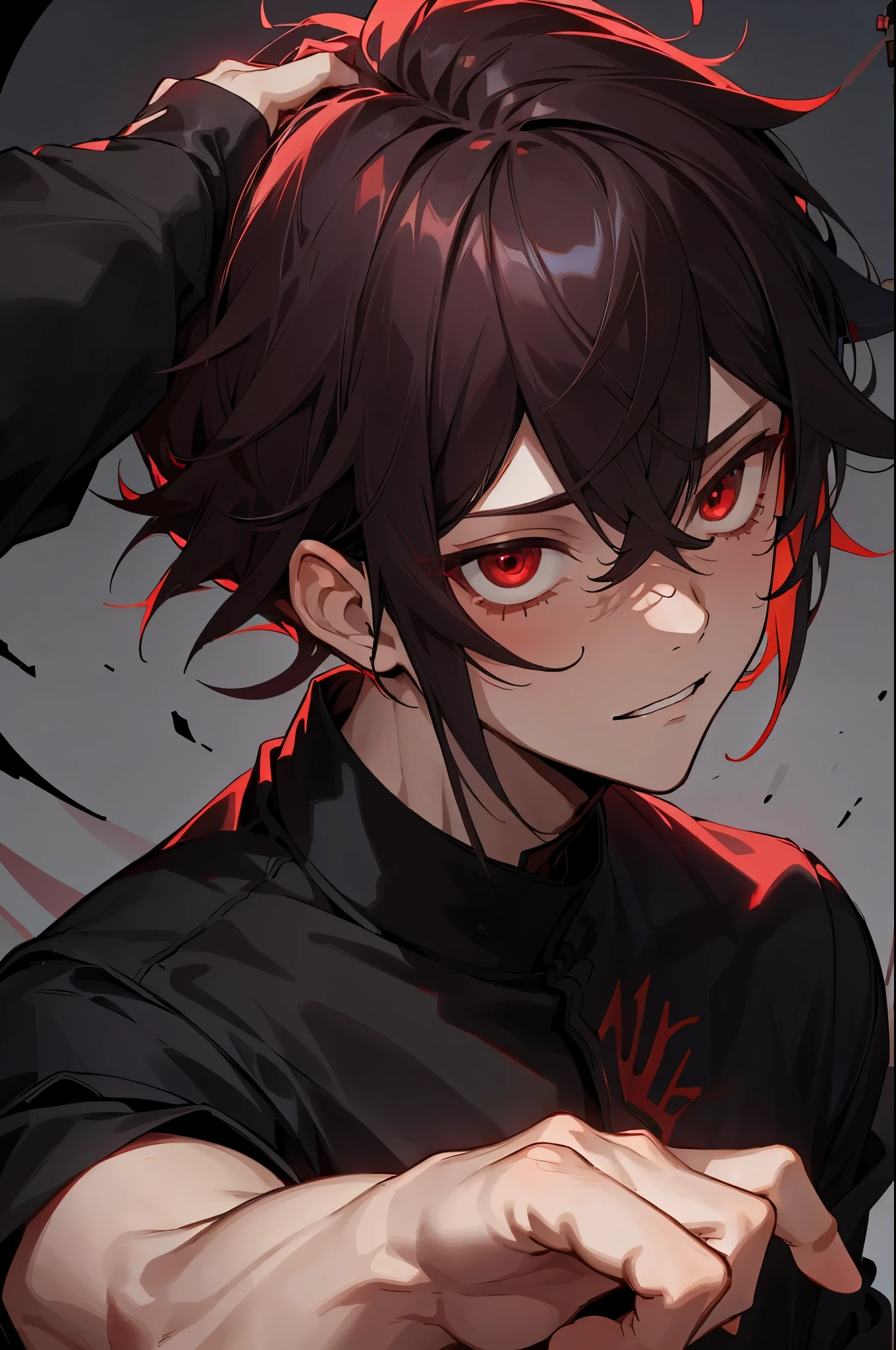 Cartoon cute boy, yandere male, Charming, Handsome，, red eye,fashion hair，short detailed hair，Playful expression，Side face avatar，Black color hair，red background horror