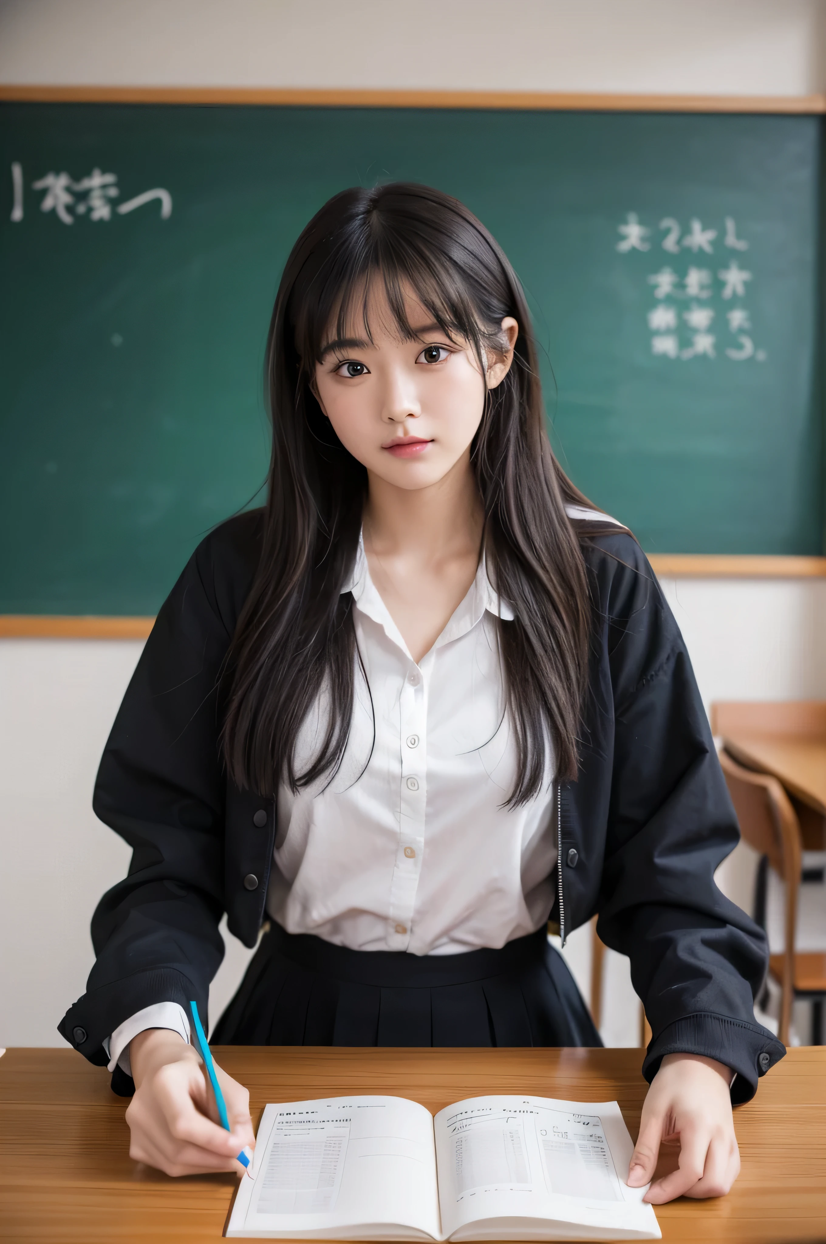 学校の‎Classroom、desk work、chalk board、Chair、(8K、RAW Photos、Photorealsitic)、high-level image quality、​masterpiece、top-quality、hight resolution、girl with、Soio、hi-school girl、校服、‎Classroom、Girl sitting on chair and studying at desk work、sketching、study、write、notebook、Beautie、cute little