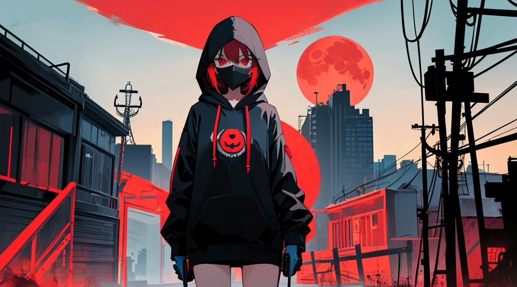 (a girl wearing a hood and a mask, big black hoodie, hands on hoodie, bare legs), (abandoned amusement park, late night, red moon), (low contrast, flat color, limited palette)