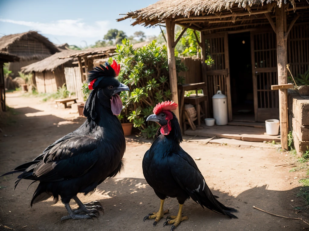 realistic photo of a black rooster with a red comb and wattle, in a African village setting
