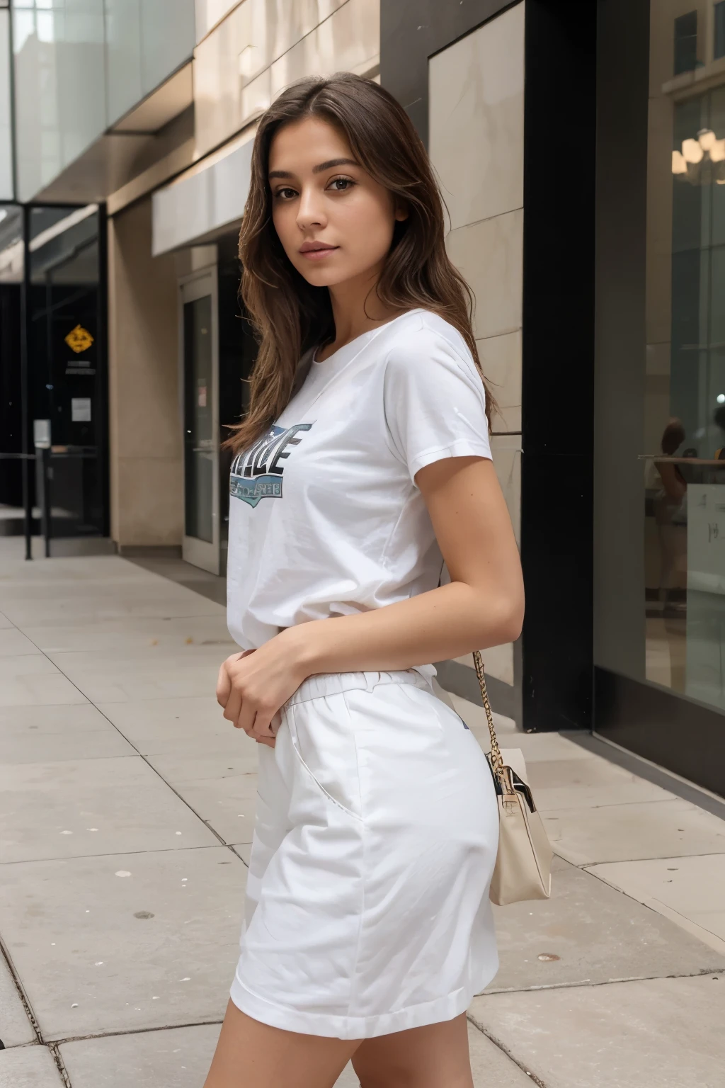 une fille latino,dans le centre commercial CityCenterDC,America, Best quality, Masterpiece, super high res, Yeux blanc, cheveux longs, light makeup, minora,T-shirts basiques,Jupe midi,baskets blanches ,Beauty with a silhouette parfaite