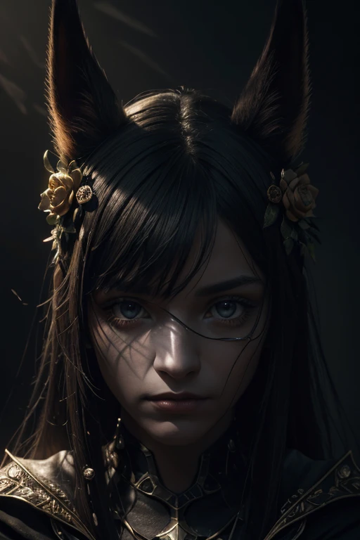 Surrealistic portrait: Create a portrait of a character by mixing realistic and surreal elements. For example, you can combine the human face with elements of animals, plants or inanimate objects.front focus), (in the dark:1.6), portrait, fantasy art, realistic photo, dynamic lighting, artstation, poster, volumetric lighting, very detailed faces, 4 k, award-winning