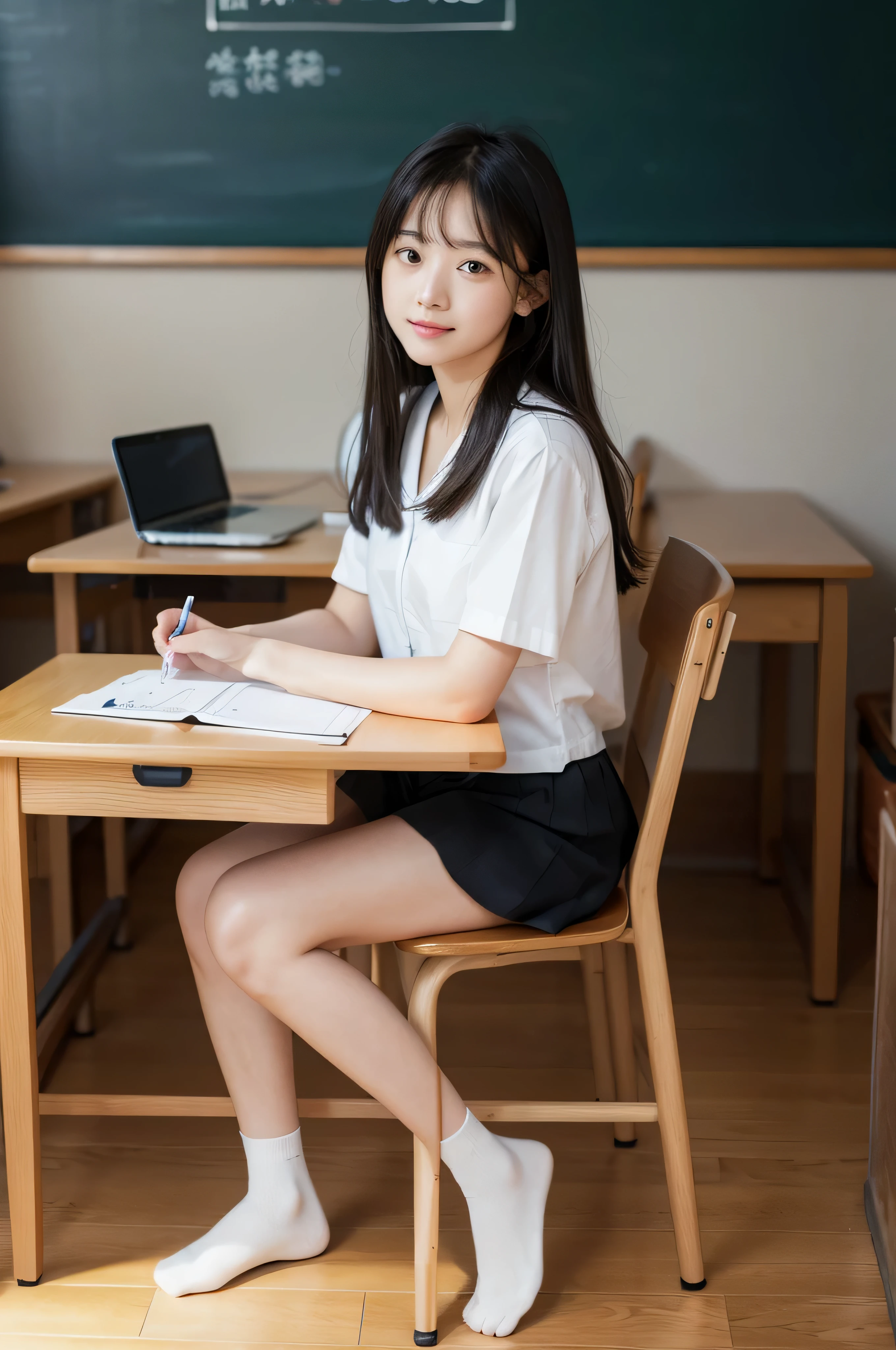 学校の‎Classroom、desk work、chalk board、Chair、(8K、RAW Photos、Photorealsitic)、high-level image quality、​masterpiece、top-quality、hight resolution、girl with、Soio、hi-school girl、校服、‎Classroom、Girl sitting on chair and studying at desk work、sketching、study、write、notebook、Beautie、cute little