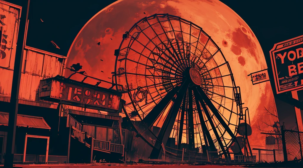 (abandoned amusement park, late night, red moon), (low contrast, flat color, limited palette)