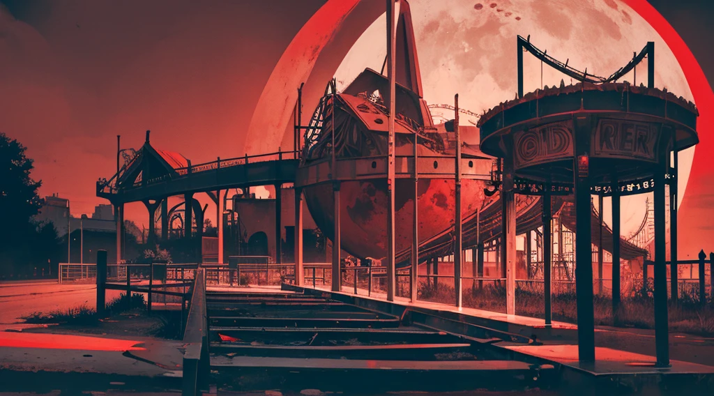 (abandoned amusement park, late night, red moon), (low contrast, flat color, limited palette)