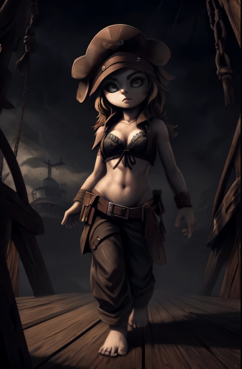 (best quality, highres:1.2), ultra-detailed, a skeleton, holding, a girl's bra, eerie atmosphere, dark background, hauntingly beautiful, surreal, gothic vibes, bone structure, delicate lace, intricate details, black and white, dramatic lighting, mysterious, ethereal, evocative, haunting, depth and texture, contrast, emotional, enigmatic, captivating, artistic, thought-provoking, macabre, intriguing composition Dramatic lighting, Highest quality, film movie still, (Charming Anne Bonny, Dressed in dirty tattered pirate costumes, Stand on the deck of a pirate ship docked in a Caribbean port), grimy, Dark atmosphere, Toned body, (ripped clothing:0.8), Perfect face, view the viewer, (Detailed skin), [Tattooreckle], ((Dirty)), (muddy), (dark cloude:0.7), (Stormy weather:0.5), Dull, Natural lighting, (direct light:0.4), 8mm film grain, photographed on a Sony a9 II, 24mm lens, f/2.8 aperture, Deep focus, (primitive), 8K, (Stills from《The Lost Pirate Kingdom》) bare feet and legs