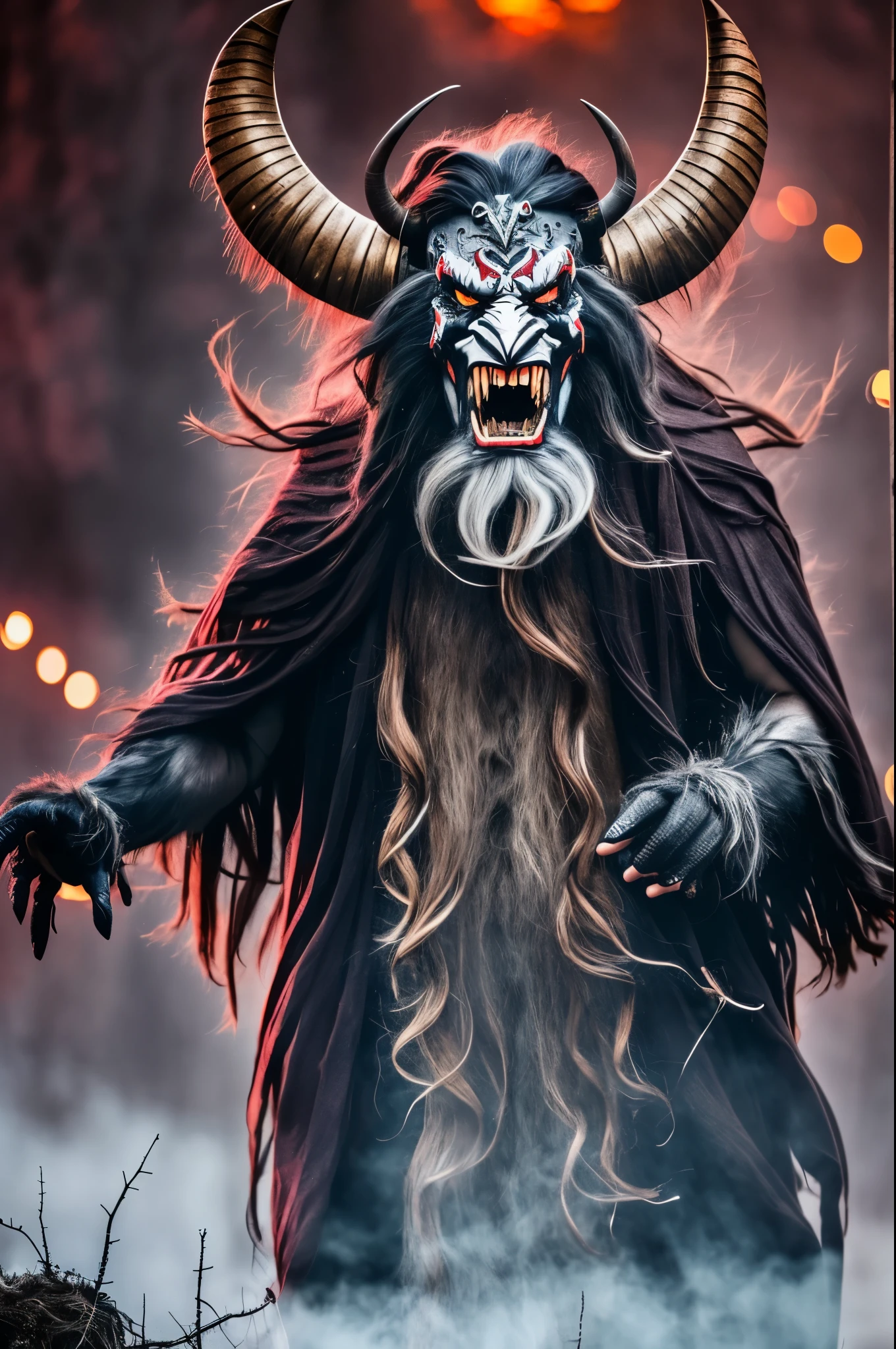 A ghastly Krampus with long, shaggy hair that swirls wildly around his terrifying face. His eyes glow a menacing red, while sharp teeth protrude from his terrifying mouth. Claw-like hands with sinister, curved claws give it a menacing presence. Its body is covered in thorny spikes and a sinister cloak of black mist envelops its eerie appearance. --auto --s2