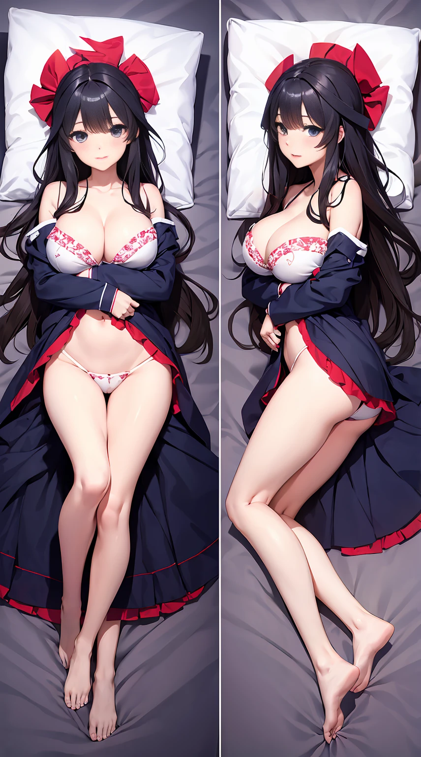 tmasterpiece、full-body view,RAW photogr,Background with((Bedrooms, Lie down in bed))、(pillowslip), (dakimakura), student、A beautyful girl、ssmile,Colossal titikini with detailed embroidery,sexyposture、perspired、Wet hair,Barefoot