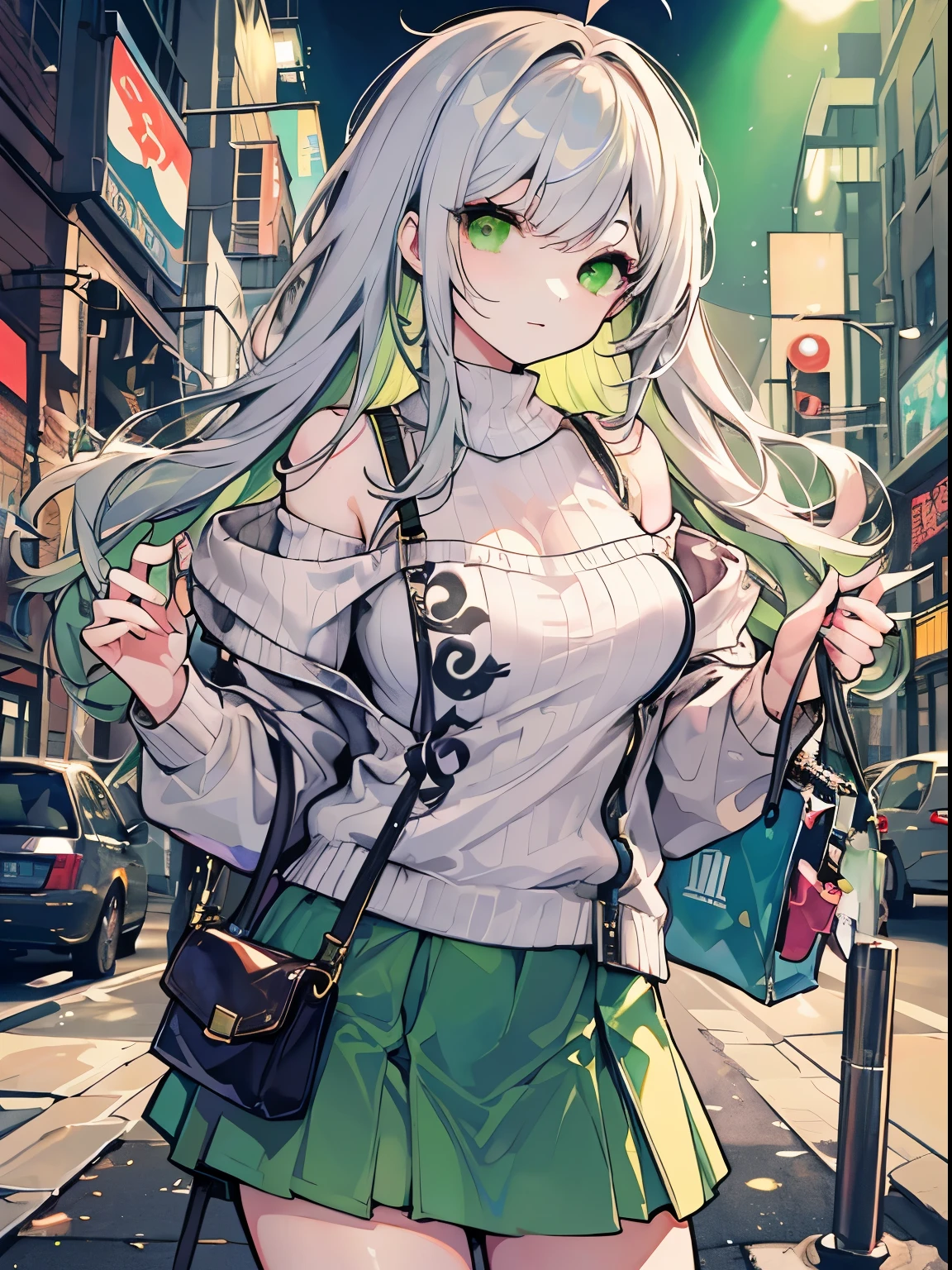 best qualtiy, 超A high resolution, A detailed face, A detailed eye, ((green color:1.3)), 1girll, Beautuful Women, large full breasts, off-shoulder knit, jaket, a miniskirt, rcasual,