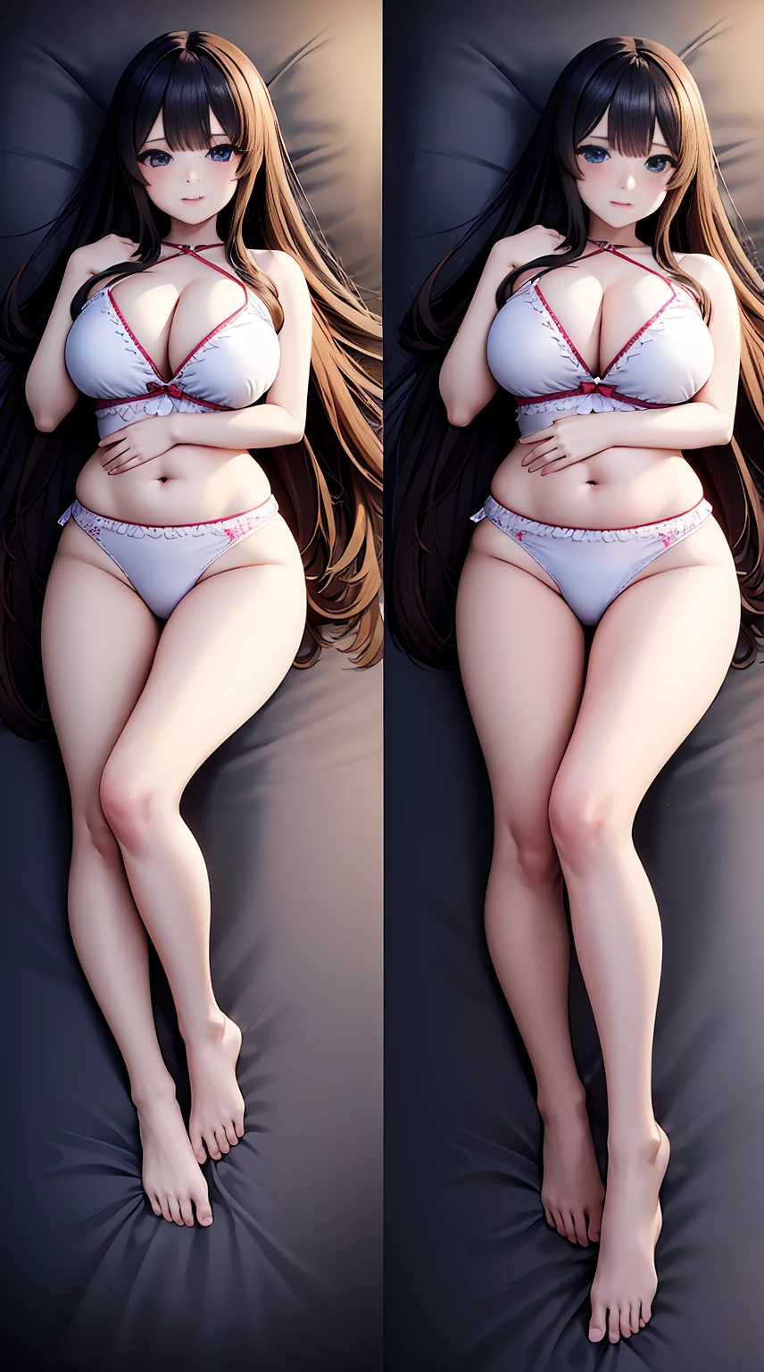tmasterpiece、full-body view,RAW photogr,Background with((Bedrooms, Lie down in bed))、(pillowslip), (dakimakura), student、A beautyful girl、ssmile,Colossal titikini with detailed embroidery,sexyposture、perspired、Wet hair,Barefoot
