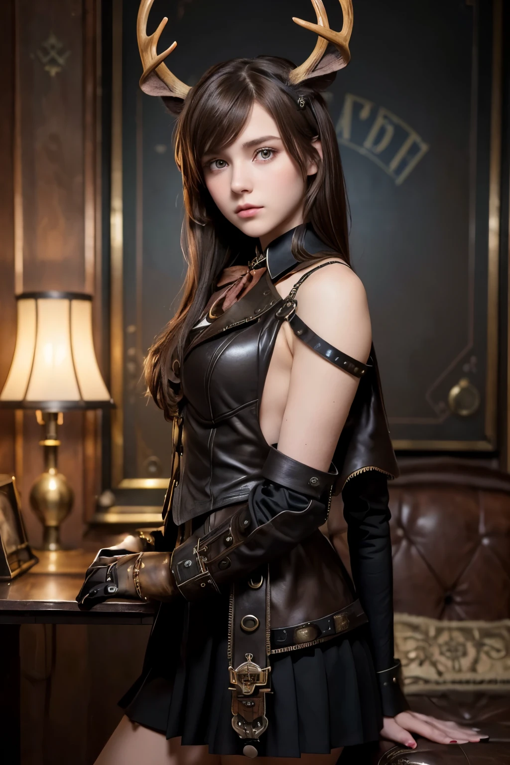 (1Girl 19yo, russian model face, shy), (((Shoulder-Length Brown Hair))), (two cute little (short) deer horns in her head), ((Wearing black steampunk academy uniform,))