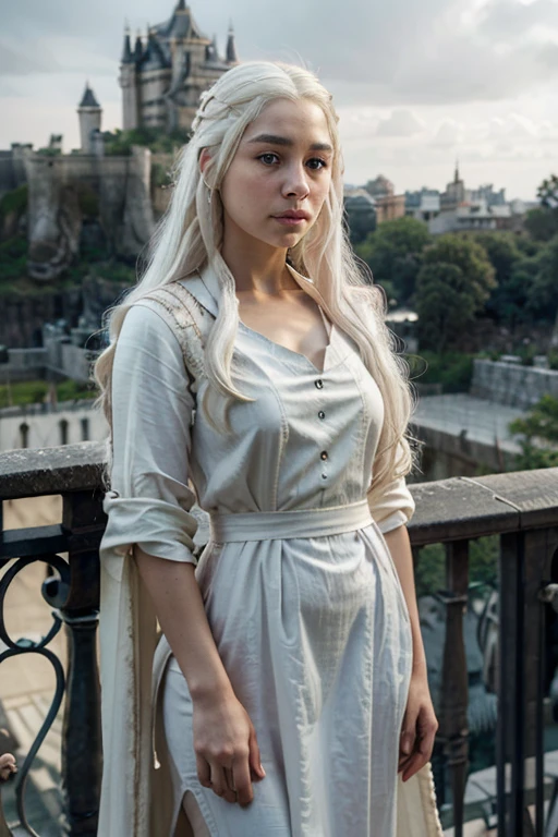 oil painting of (koh_emiliaclarke), (long hair:1.1), (standing in a balcony), (white tunic:1.1), perfect thighs, (game of thrones castle in the background:1.2), atmospheric lighting, cinematic composition, concept art, digital illustration, detailed, art by brian m viveros and maciej kuciara and mark keathley, natural light, 4K, high-detail, ((perfect eyes)), (detailed pupils), dimly lit, (white hair:1.3)