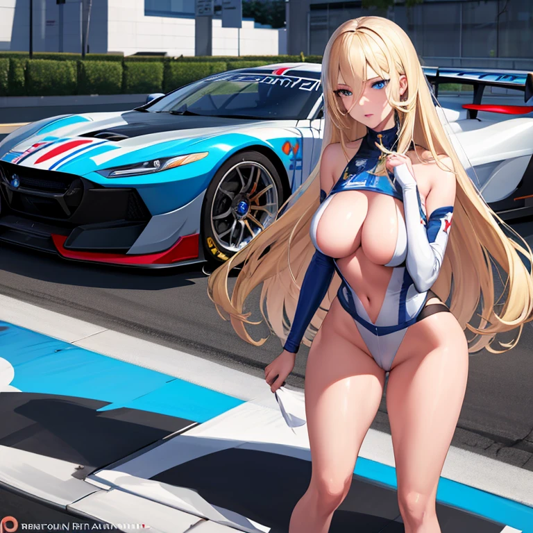Please draw a scene where a half-Russian race queen is posing next to a racing car..。long blonde hair and blue eyes。i'A little shy with sparkling eyes。Racing cars are super realistic。