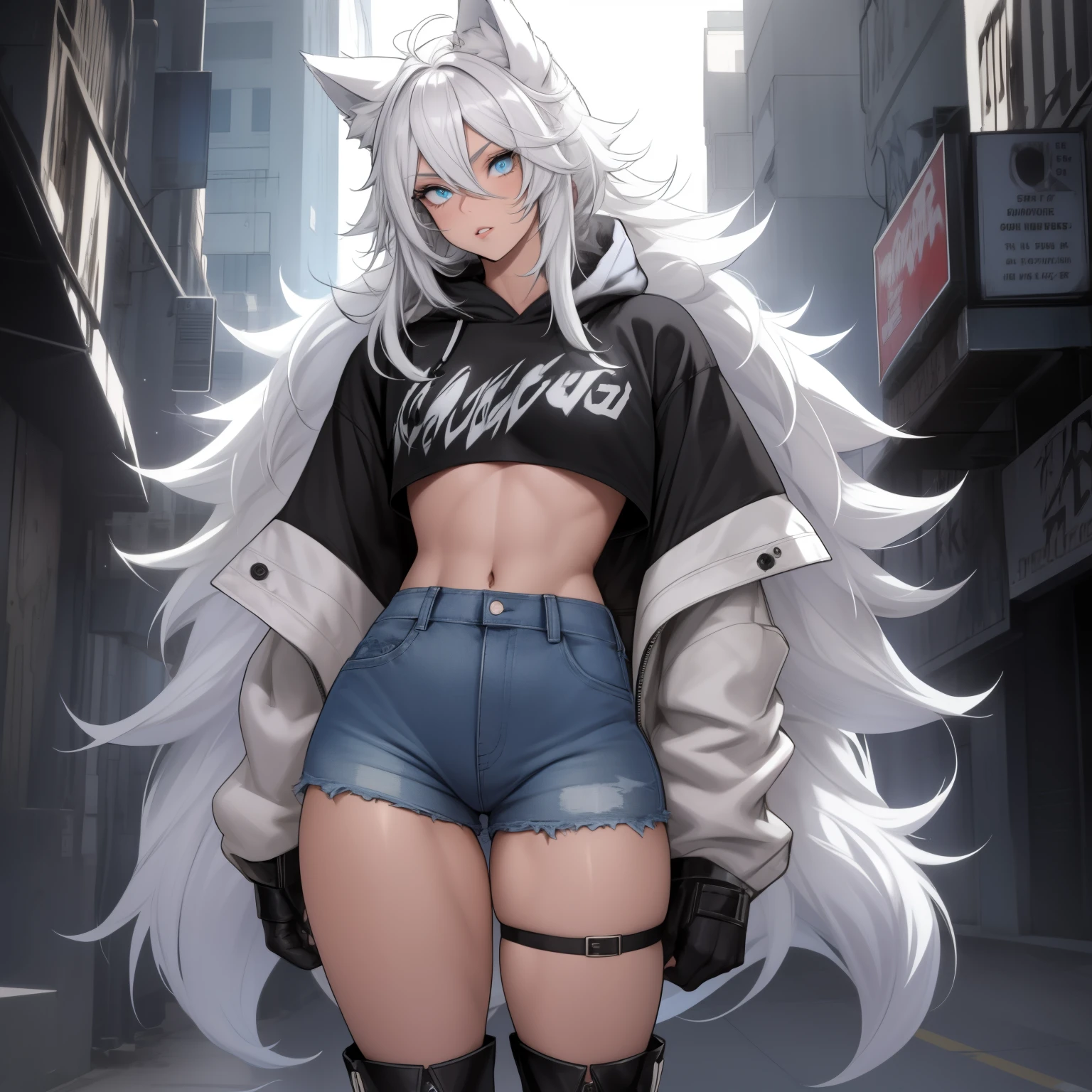 Single boy, Anime Femboy, Short, Long white hair, wolf ears, wolf tail, blue eyes, wearing short denim shorts, thigh high fishnets, black combat boots,wearing cropped fur lined hoodie, flat chest, super flat chest, wearing cropped t-shirt, solo femboy, only one femboy ((FLAT CHEST)) solo, alone, (SOLO)(ALONE) thicc thighs, wide hips, blue eyes, perfect eyes, perfect face, pouty lips, happy, curvy, sparkly blue eyes