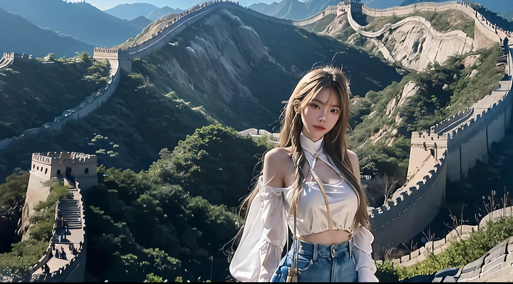 a drawing：Young and beautiful beauty steps on the Great Wall，She has very white skin,Very few clothes are worn