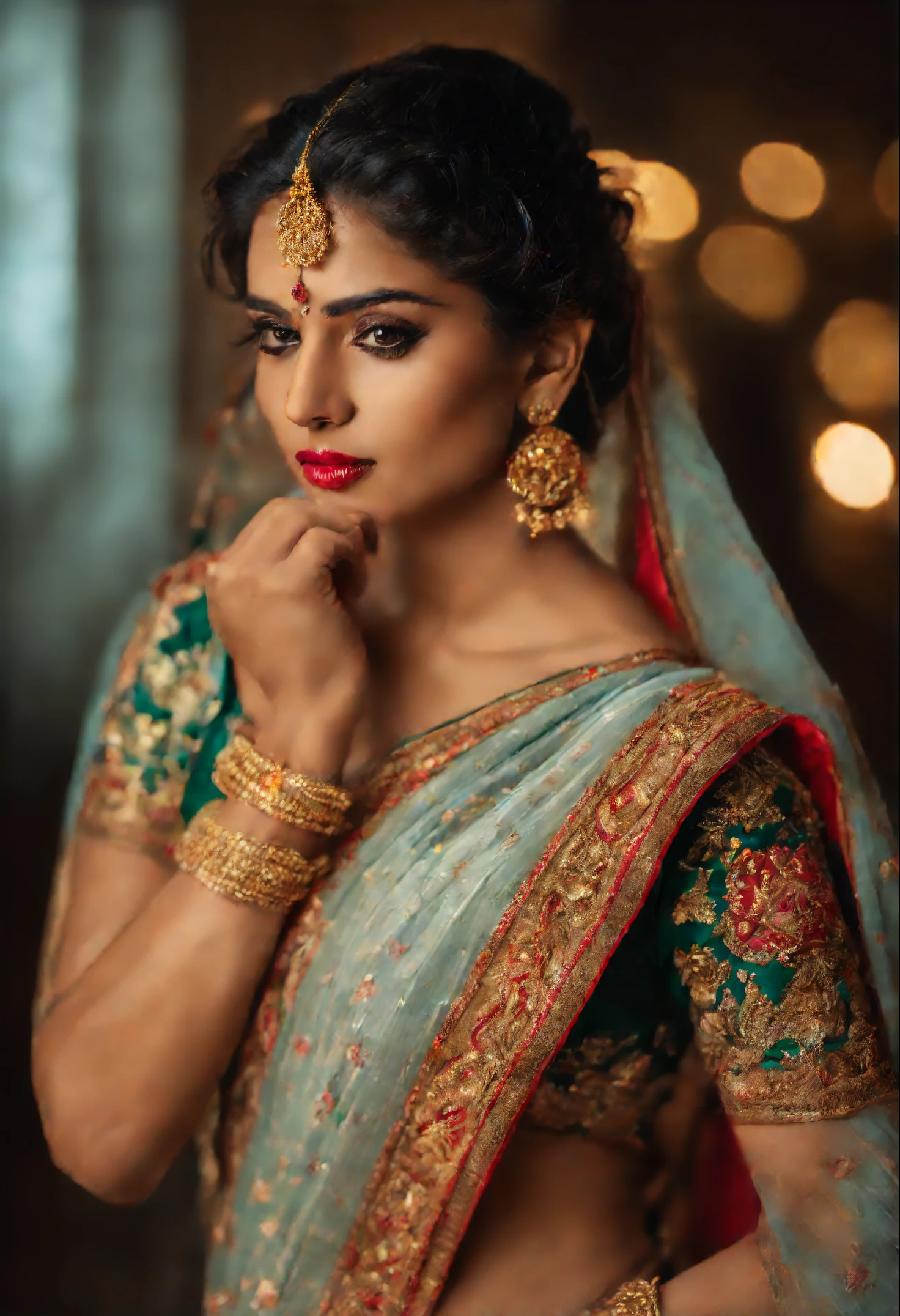 An Indian girl, hot and sexy, gorgeous, wearing designer Saree, sensational look, lighting focus on the face, studio lighting, 4k