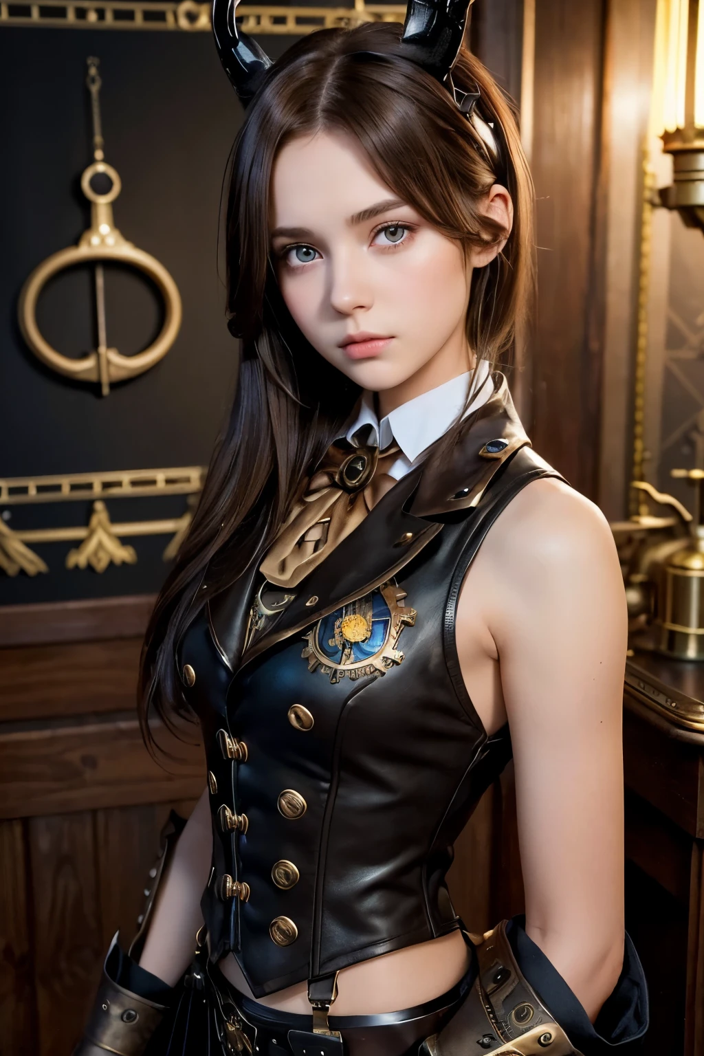 (1Girl 19yo, russian model face, shy), (((Shoulder-Length Brown Hair))), (two cute little (short) deer horns in her head), ((Wearing black steampunk academy uniform,))