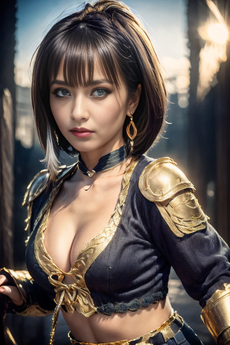 Preteen with straight white hair laces, Dark skin, Latin ancestors, purple iris, Wearing a black tachical suit with golden threads、Wearing golden earrings in the shape of a snake. Detailed eyes, Detailed face, Complex grunge costumes, Cinematic lighting, Realistic concept art with strong backlighting.