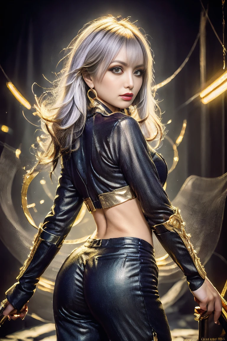 teen with straight white hair laces, Dark skin, Latin ancestors, purple iris, Wearing a black tachical suit with golden threads、Wearing golden earrings in the shape of a snake. Detailed eyes, Detailed face, Complex grunge costumes, Cinematic lighting, Realistic concept art with strong backlighting.