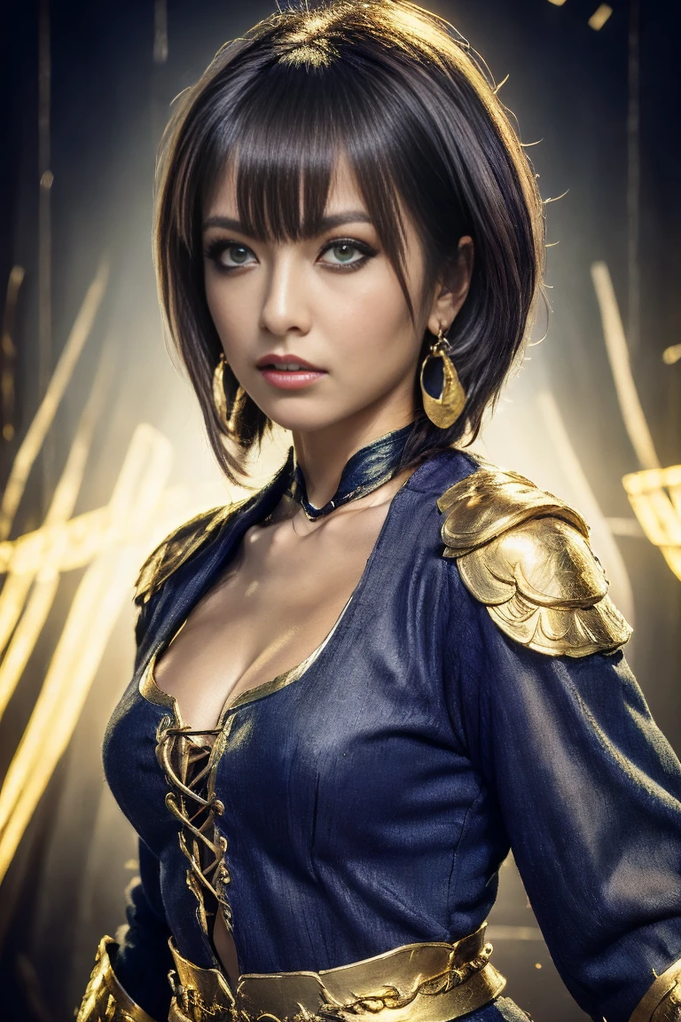 Preteen with straight white hair laces, Dark skin, Latin ancestors, purple iris, Wearing a black tachical suit with golden threads、Wearing golden earrings in the shape of a snake. Detailed eyes, Detailed face, Complex grunge costumes, Cinematic lighting, Realistic concept art with strong backlighting.