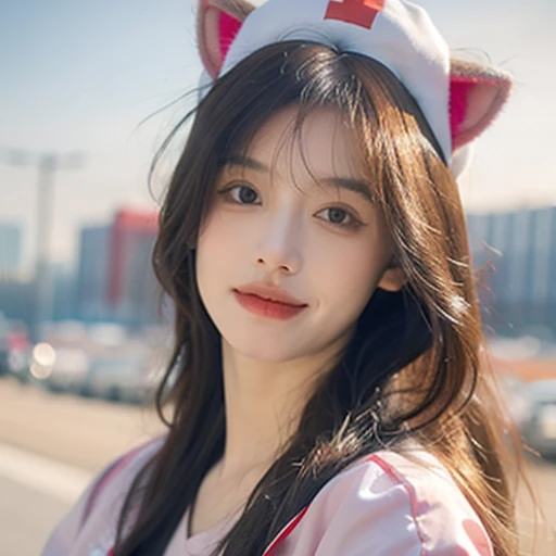 long whitr hair, low-tied long whitr hair, nurse hat, eyeballs, largeeyes, Cat ears, cosmetics, 超Realistis, 超Realistis, Contemporary art, Realistis, image Fill, contours, lightand shade contrast, First-person view, F/1.8, hyper HD, tmasterpiece, 16k, 8K