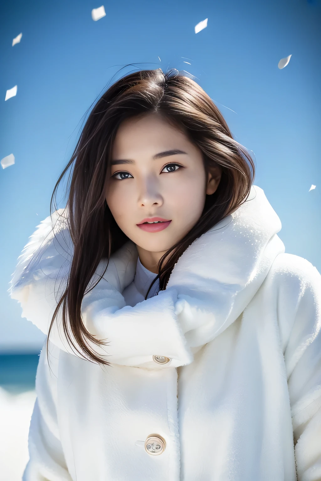 (masterpiece、high-level image quality、hightquality)、Beautuful Women、Cloudy sky、Rough seas、Winters、((snowflakes falling))、kou、fur-coat、Sweaters、gloves、length hair、the wind、modeled、desolate,freeze、