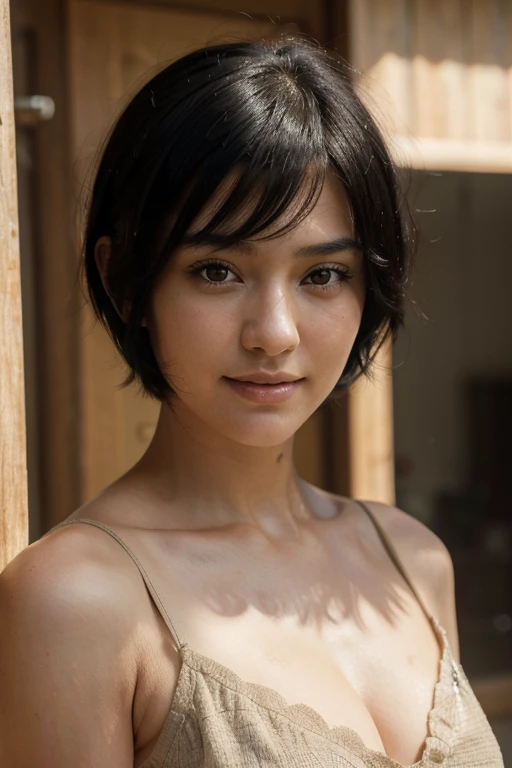Create a realistic portrait of a 22-year-old American girl with black eyes and black hair, looking directly into the camera. Her expression is serene and confident. Focus on capturing the details of her features, such as the shine in her eyes and the texture of her hair. The portrait should convey her youth and beauty in a natural, lifelike manner. Use a soft, neutral background to ensure she remains the focal point of the image