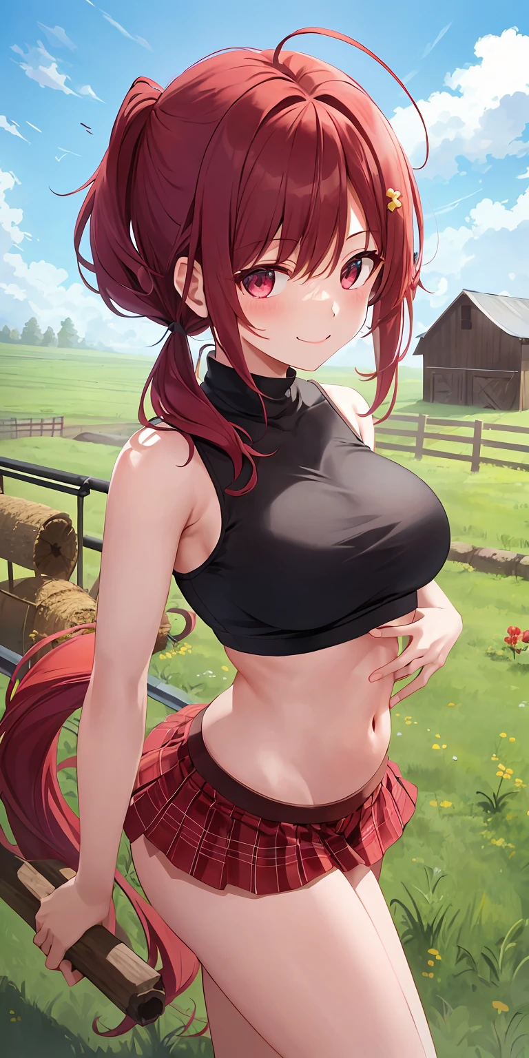 1个Giant Breast Girl, Alone, pony tailarechested:1.3), (offeralls), , Chopping, farm background, Smiling, (Be red in the face:1.off