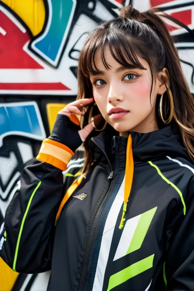 (Best Quality), masutepiece, Highly detailed CG uniform 8k illustration, High collar, extremely High collar saturation, All colors deepened, paint, graffiti art, Center Composition, Extremely detailed light and shadow, graffiti wall, wall painted bright, One girl graffiti One girl is looking at the wall, very detailed face and eyes, Medium length hair, Sportswear, colored clouds