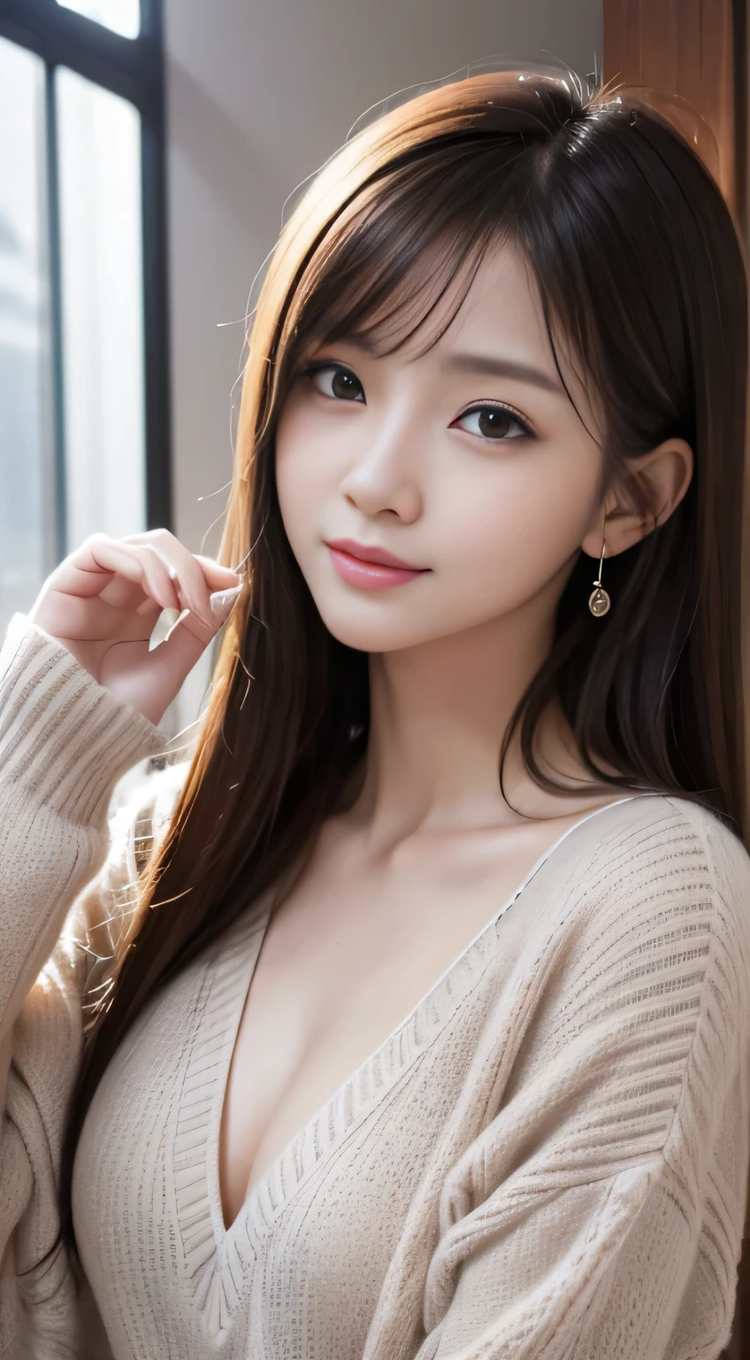 masutepiece、Best Quality、Illustration、 Ultra-detailed、finely detail、 hight resolution、8K Wallpaper、Perfect dynamic composition、27-year-old beautiful girl、Neat and clean woman、detailed beautiful faces、Detailed beautiful eyes、Textured skin、A faint smile、tiny chest、Bold sexy poses、Winter casual wear、