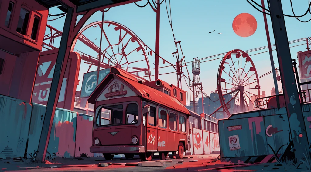 (abandoned amusement park, late night, red moon), (low contrast, flat color, limited palette)