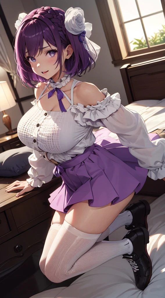 1个Giant Breast Girl， 独奏， medium， looking at viewert， ssmile， Short hair details， with her mouth open， purpleish color眼睛的， a skirt， black hair color hair，From Japan Post，Shourn，long，purpleish color， arma， footwear， Lori huge，Chiquita，female imp，girl movie，Fearful eyeeing pressed against the bed by men&#39;s socklack Serafoku high resolution， k hd， Anime Big breasts， Sharp， color